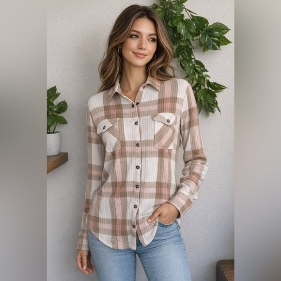 Como Vintage Tops - Como Vintage Pink and Tan Plaid Button-Down Shirt